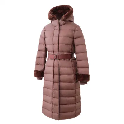 クラシックファッションジャケットレディース冬リアルダウンコート/人気のソフトフェイクファーフード付きアウタージャケット、ベルト防風スリーブカフ付き